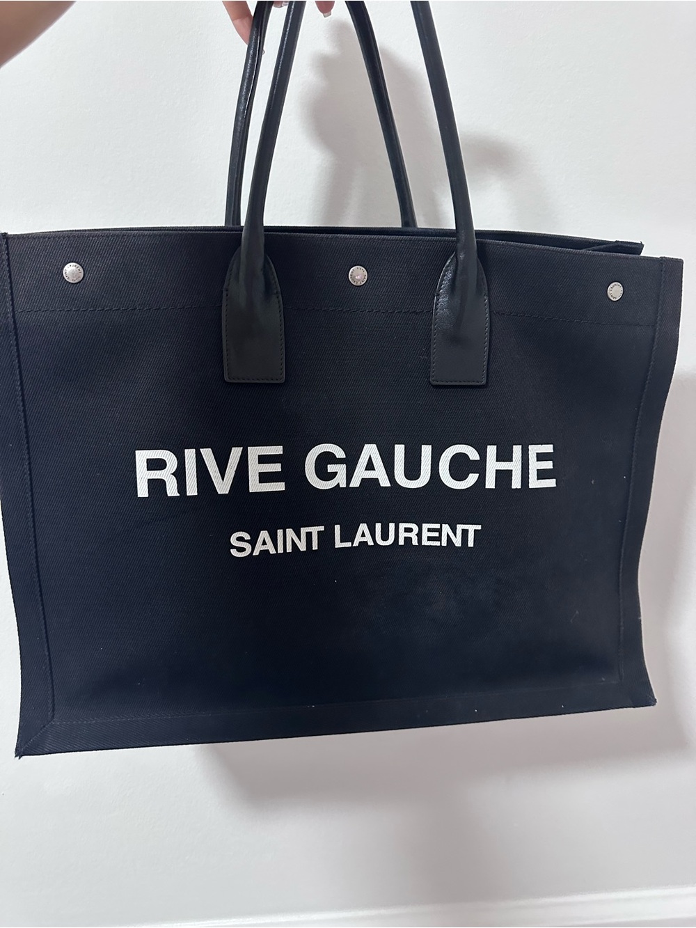 Saint Laurent Black Canvas Rive Gauche Tote with White Logo